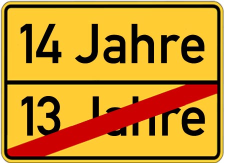 Schild mit Gruß zum 14. Geburtstag für Facebook und WhatsApp